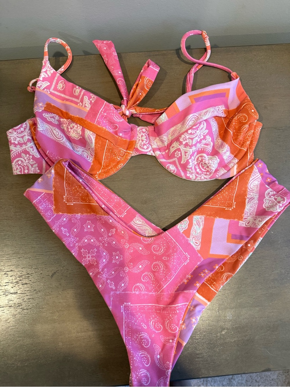 SKATIE Pink and Orange Bandana Print Bikini
